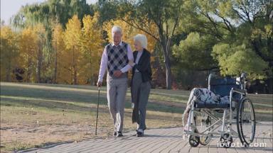 老年夫妇相互搀扶着在公园里散步
