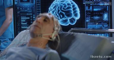 躺着的老年病人进行脑扫描