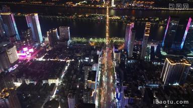 湖南长沙城市夜景灯光国金中心湘江橘子洲航拍