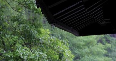江南庭院雨季下雨雨滴空镜
