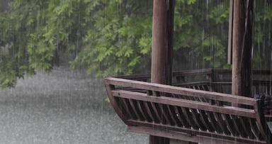 江南园林庭院雨季大雨雨滴空镜