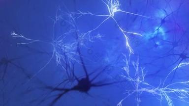 神经元和突触活动的动画。外太空的神经连接，辐射，神经递质，大脑，轴突。电脉冲传送信号.思想概念.