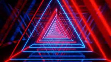 文摘:红色和蓝色霓虹灯三角发光隧道.3D循环动画