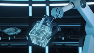 未来派房间的机械臂和立方体，3D渲染.