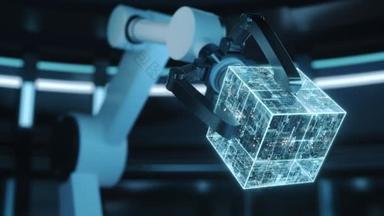 未来派房间的机械臂和立方体，3D渲染.