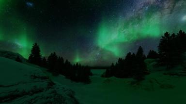 绿色北极光极光白雪奇幻3D风格宇宙背景蓝色星空