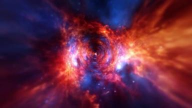 摘要星际飞行中，时间穿梭在<strong>蓝色</strong>橙色紫色恒星的超空间爆裂翘曲中。 4K三维无缝线超隧道或虫孔科学数字背景。奇异性、引力波和时空