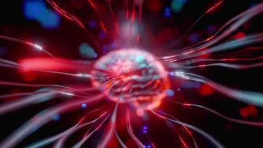 脑接口的概念。神经元细胞发光后的动画。3D渲染.