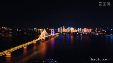 4K城市交通_航拍湖北长江二桥夜景城市交通