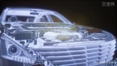 d线框汽<strong>车模</strong>型与引擎的全息动画