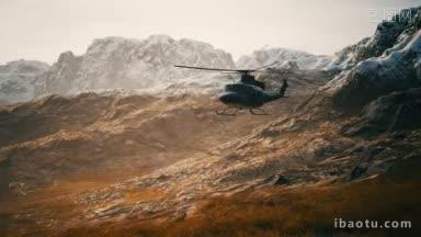 缓慢的越南战争时期直升机在山上