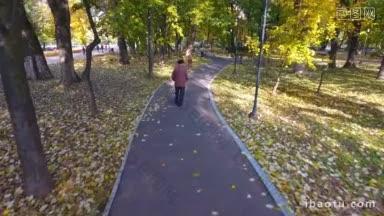 一个老人独自在公园里散步的航拍镜头