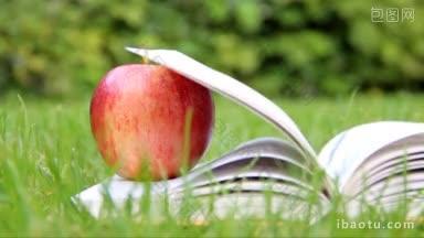 一个苹果放在花园里的一本书上，风吹着，书的书页翻了起来