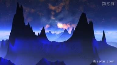 深蓝色的山被蓝色的雾覆盖，在夜晚的星星天空的雾被浇不同