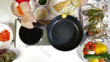 一位女士将食用油倒在煎锅上