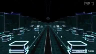 计算机生成的未来城市动画与绿色屏幕过渡在天桥的末端高清