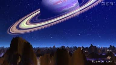 一颗巨大的类似于土星的行星悬挂在恒星天空中奇妙的山脉景观上