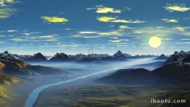 在低矮的群山和丘陵之间，河流在低洼的<strong>蓝</strong>雾中流动