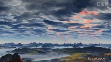 山和岩石被蓝色发光的薄雾覆盖，厚厚的乌云慢慢<strong>消散</strong>，因为他们有