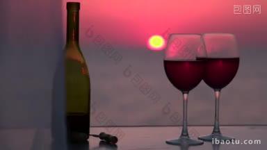 夕阳西下，一对情侣在海边喝着<strong>红酒</strong>碰杯
