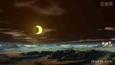 夜空中皎洁的金色月亮，散云的山峦沐浴在淡淡的金色月亮中