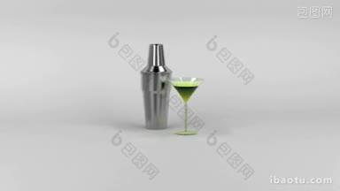 调酒器和鸡尾酒杯与绿色的饮料zoom到饮料