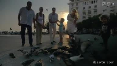 一家人带着孩子去喂鸽子时，小男孩穿过<strong>鸟群</strong>高贵的广场