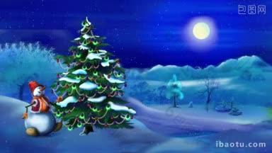 雪人在圣诞树附近的童话新年夜手工动画的经典卡通风格