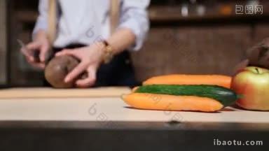 女手拿起甜菜，用菜刀在砧板上切甜菜的<strong>特写</strong>聚焦在陶瓷上