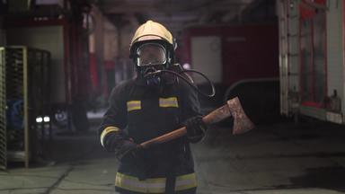 女消防队员肖像穿完整的设备氧气面具斧烟火卡车背景