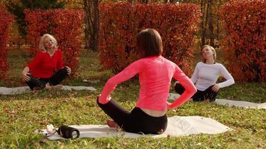 放松女人冥想莲花构成瑜伽地毯秋天森林瑜伽女人放松冥想音乐户外培训城市秋天公园