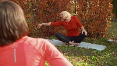 瑜伽女人冥想户外瑜伽培训秋天公园放松女人练习瑜伽体式地毯公园瑜伽冥想灵魂身体平衡