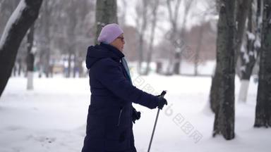 活跃的高级上了年纪的女人培训北欧走徒步旅行波兰人上了年纪的女人练习北欧走在户外冬天