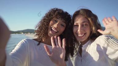 年轻的可爱的女性拥抱使视频调用海滨假期微笑多少数民族女夫妇视频会议海滩日落黎明