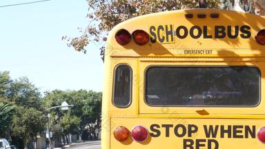 黄色的标志性的学校公共汽车这些洛杉矶加州美国经典卡车学生回来视图车辆过马路等红灯安全孩子们运输公共乘客运输孩子们郊区