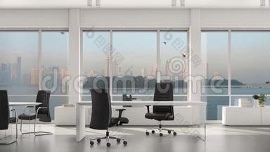 空荡荡的现代办公室，岛屿和大都会与摩天大楼外的大窗户。 背景板，彩色关键视频
