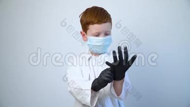 戴防护面罩的白种人小医生。 识字医生戴上黑色防护手套
