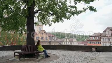 穿着黄色外套的漂亮女孩独自坐在公园或花园的长凳上，坐在一棵高大的大树下，俯瞰五颜六色的景色