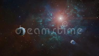 空间背景。 小行星在五颜六色的星云和恒星中飞向行星。 美国宇航局提供的元素。 3D动动画