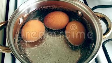 鸡卵在水中煮.. 锅带产品上<strong>燃气灶</strong>.. 烹饪，准备