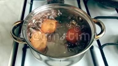 鸡卵在水中煮.. 锅带产品上燃气灶.. 烹饪，准备