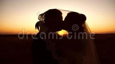 一对相爱的情侣在夕阳下接吻的剪影。 快乐的年轻家庭蜜月之旅。 已婚男子和