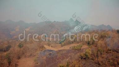 森林大火的烟雾。 森林砍伐和气候危机。 热带雨林大火产生的有毒烟雾。 空中视频4k。