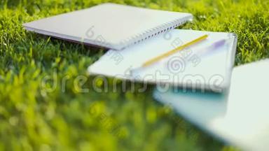 特写，学生笔记本趴在草地上.. 软背光4K