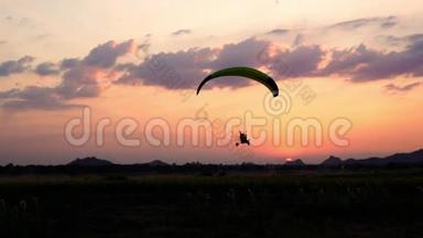 日落时滑翔伞在向日葵田上空逆天飞行的慢动作