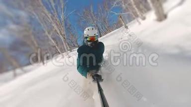 滑雪坡上滑雪者的雪尘云。 自由，极限运动的概念，从堪察加`下降