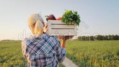 一个带着一盒新<strong>鲜蔬</strong>菜的女农民沿着她的田地散步。 健康饮食和新<strong>鲜蔬</strong>菜。 背面
