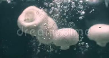 蘑菇落入水中，缓慢漂浮。