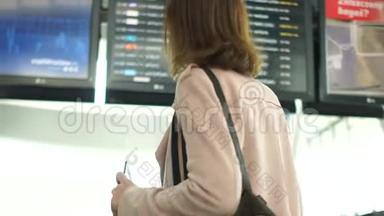 机场航班时刻表前一位女士的肖像。 一个女孩用航班时刻表检查她的机票