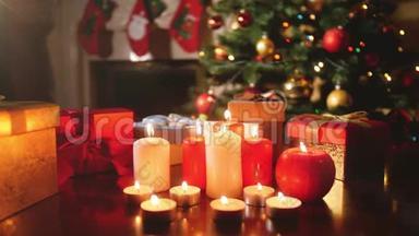 4k视频美丽的客厅与壁炉和来临蜡烛装饰圣诞节或新年。 完美完美完美